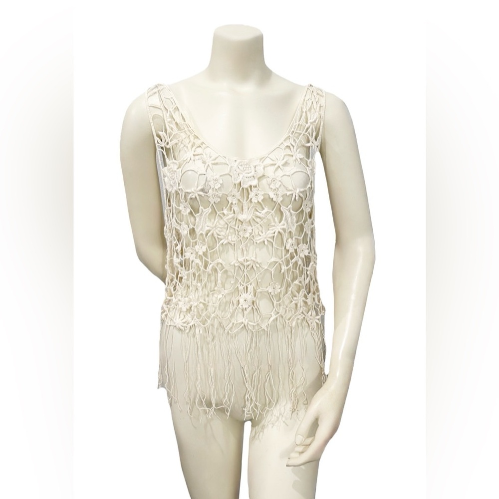 RoomMates Crochet Fringe Tank Top Boho Ivory S/M Festival Cottagecore